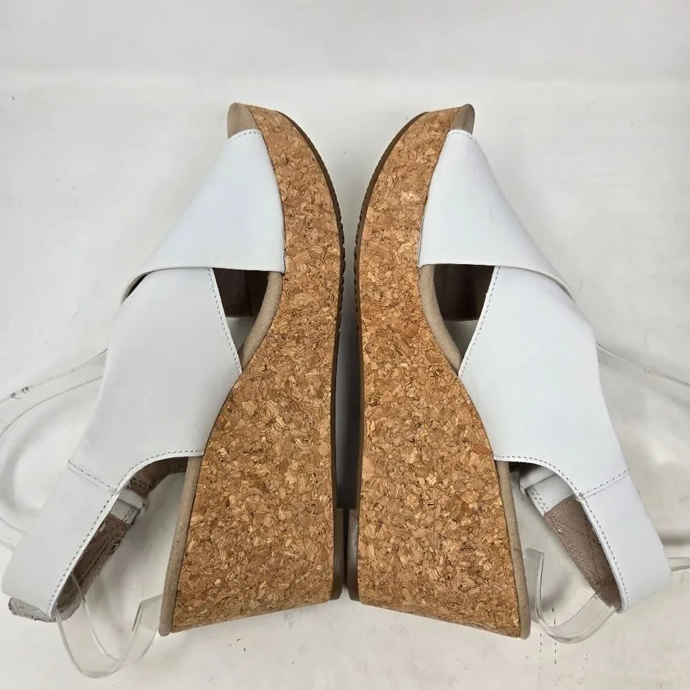 CLARKS Annadel Eirwyn White Leather Slingback Cork Wedge Sandals Sz 10‎